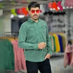 پیراهن کتان سبز تیره کد 4010 - Image 3
