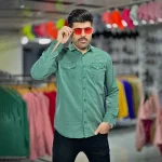 پیراهن کتان سبز تیره کد 4010 - Image 2